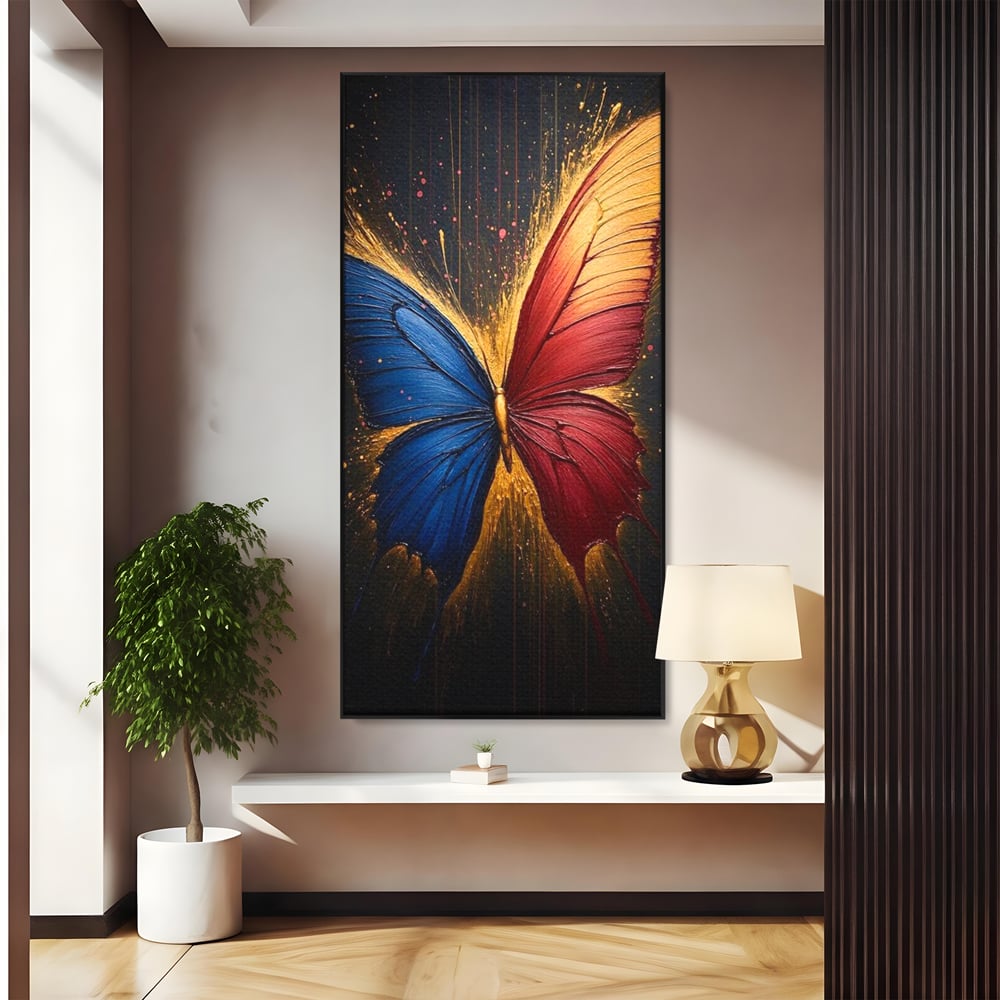 Tablou canvas cu tablou canvas cu fluture colorat, in rama de aluminiu negru